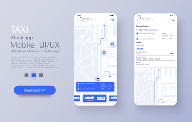 Taxi service app on mobile phone. Different UI, UX, GUI screens Taxi app and flat web icons for mobile apps. Concept of location service. Dashboard theme, creative infographic of city map navigation - obrazy, fototapety, plakaty