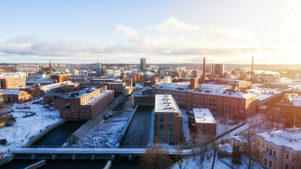 Panorama of Tampere city at winter, Finland. Beautiful soft sunlight.