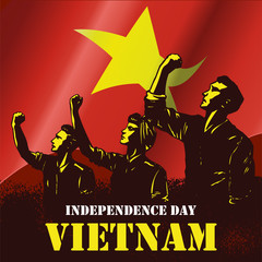 Independence Day of Vietnam, Illustration of people raising fists on flag of Vietnam as a background.