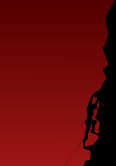 The silhouette of a persistent man climbing up the mountain. Red background with place for text. Persistence,determination,way to success,achievement,strength,concept. Vector illustration,flat style. 