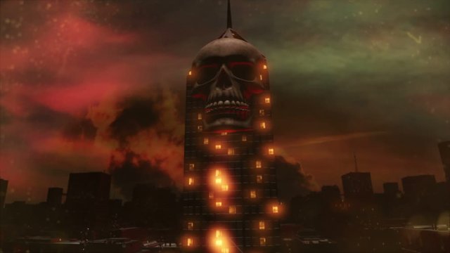 An animated demonic city like out of a nightmare. The manifestation of hell on earth or maybe the hell itself. The air is polluted and the town is shining in an evil redish light.