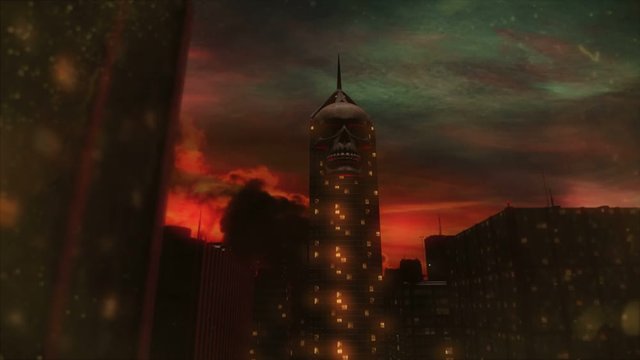 A animated city like out of a nightmare. The dark skyscrapers are shining in an evil light and the sky is invisible because of air pollution.The scene could also be a dark vision or a paralleluniverse