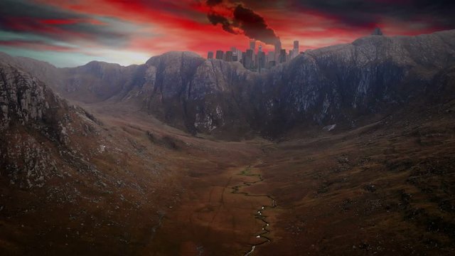 A animated city like out of a nightmare on mountain. The camera moves away from it and shows the untouched nature.The scene shows a contrast between the humans influence on the environment and nature.