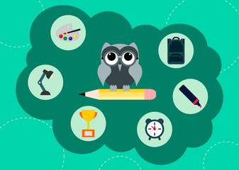 School concept with an owl. School supplies. Wise owl on a pen. Welcome back to school. Backpack, art palette, brush, lamp, highlighter,gold cup. Education elements.Vector illustration,flat,clip art. 