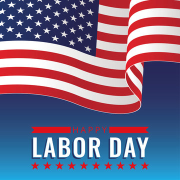United States Labor Day banner with flying  American national flag. Vector illustration.