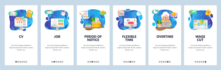 Mobile app onboarding screens. Business, job seeking, fired, tired of overtime work, home office. Vector banner template for website and mobile development. Web site design illustration