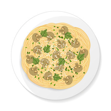Spaghetti with mushrooms. Cartoon style. Vector illustration. Isolated on white.
