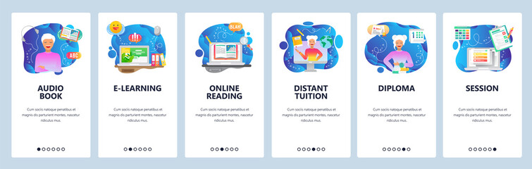 Mobile app onboarding screens. Online education, digital library, audio book, distant tutor, online reading. Vector banner template for website and mobile development. Web site design illustration
