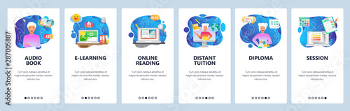 Mobile app onboarding screens. Online education, digital library, audio book, distant tutor, online reading. Vector banner template for website and mobile development. Web site design illustration