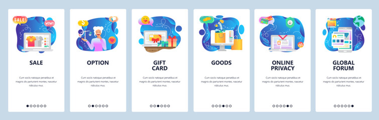 Mobile app onboarding screens. Online shopping, sale and promotion, gift card, buy on internet. Menu vector banner template for website and mobile development. Web site design flat illustration