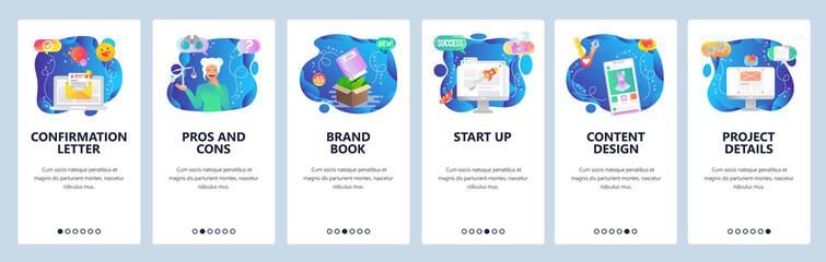Mobile app onboarding screens. Site wireframe, launch business startup, email, pros and cons. Menu vector banner template for website and mobile development. Web site design flat illustration