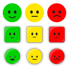 Vector set flat illustration of feedback rate icon, round square button, kawaii emoticons positive, neutral and negative.