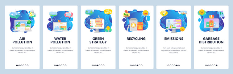 Mobile app onboarding screens. Air and water pollution, waste sorting and recycling, city pollution, ecology and environment. Vector banners for website and mobile development. Web site illustration