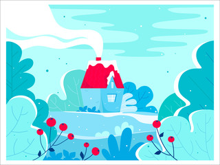 Christmas illustration in trendy flat simple style - greeting card for New Year or Christmas. Winter. Cute and cozy house in the forest. Vector.