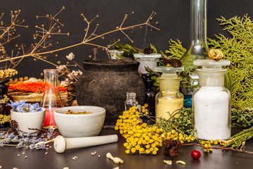 Halloween concept. Alchemy laboratory of the witch