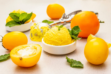 Yellow tomato ice cream, sorbet, gelato