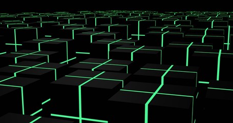 Abstract landscape black cubes formation with green neon lines in dark background. 3D illustration