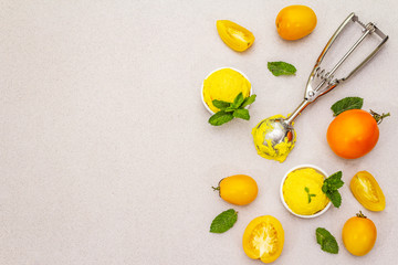 Yellow tomato ice cream, sorbet, gelato