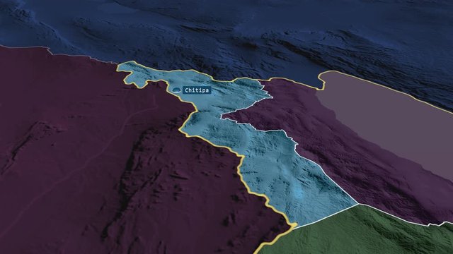 Chitipa - district of Malawi with its capital zoomed on the administrative map of the globe. Animation 3D