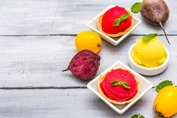 Assorted of beet and tomato ice cream, sorbet, gelato
