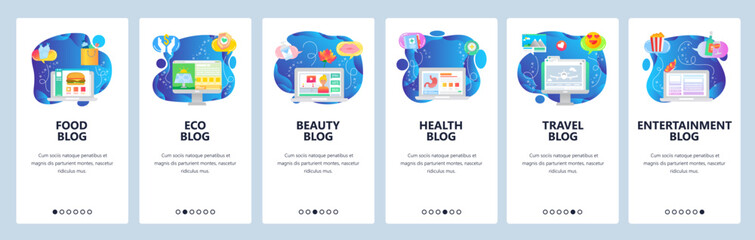 Mobile app onboarding screens. Social media content, blog about travel, beauty, food, health. Menu vector banner template for website and mobile development. Web site design flat illustration