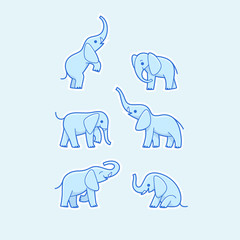 Cartoon elephant icon set. Different poses of cartoon elephant. Cartoon illustration for prints, clothing, packaging, stickers, stickers.
