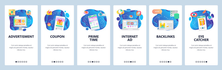 Mobile app onboarding screens. Online sales, advertisement, promotion timer, gift card. Menu vector banner template for website and mobile development. Web site design flat illustration