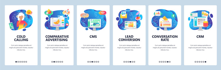 Mobile app onboarding screens. Digital marketing, conversion rate, data storage, cold calls. Menu vector banner template for website and mobile development. Web site design flat illustration