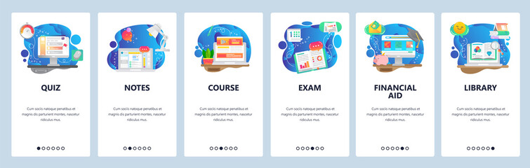 Mobile app onboarding screens. Education, library books, online course, take notes. Menu vector banner template for website and mobile development. Web site design flat illustration