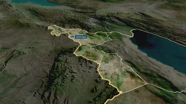 Chitipa - district of Malawi with its capital zoomed on the satellite map of the globe. Animation 3D