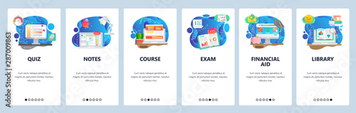 Mobile app onboarding screens. Education, library books, online course, take notes. Menu vector banner template for website and mobile development. Web site design flat illustration