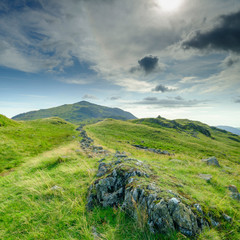 Views towards Eskdale from the summit of Hardknott Pass, Lake District, UK