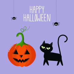 Vector graphics. Beautiful, bright halloween illustration. Halloween pumpkin cartoon character. Black cat cartoon character. 