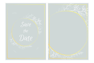 Floral invitation simple vector design, white doodle leaves, gold design simple design.