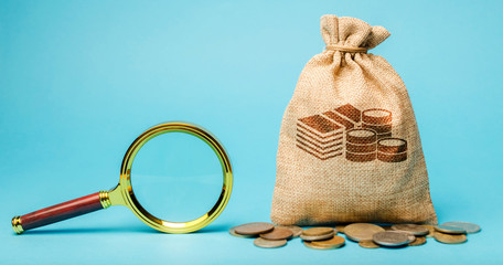 Money bag and magnifying glass. Find a money. The concept of finding sources of investment and...