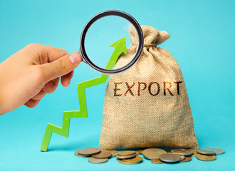 Money bag with the word Export and up arrow. Increased export potential. Growth of business...