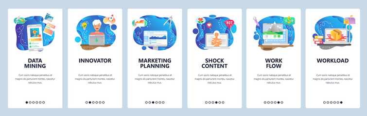 Mobile app onboarding screens. Phone data mining, freelancer work from home, adult content, marketing plan.Vector banner template for website and mobile development. Web site design flat illustration