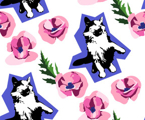 Cute Cats and flowers seamless pattern. Pet vector illustration. Cartoon cat images. Cute design for kids. Сhildren's pattern