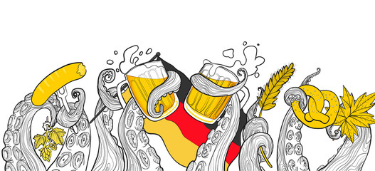 Vector Octoberfest illustration with octopus tentacle holding beers mugs, wheat sprout, germany flag and sousage, bretzel, maple leaf and hop in sketch cartoons style on white background