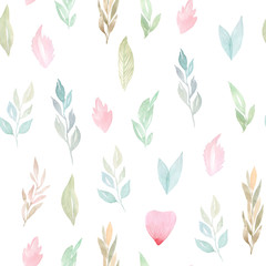Seamless pattern with watercolor green leaves