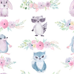 Seamless pattern with flowers and animals