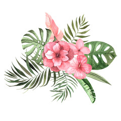 Watercolor tropical flowers, leaves and plants