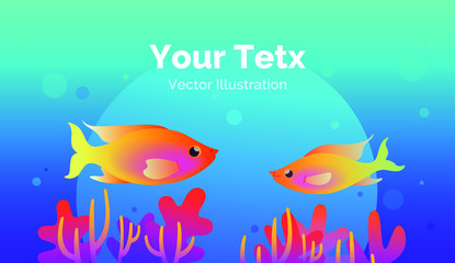 Underwater banner with multicolored fishes and corals on blue background. Vector illustration in colorful style.