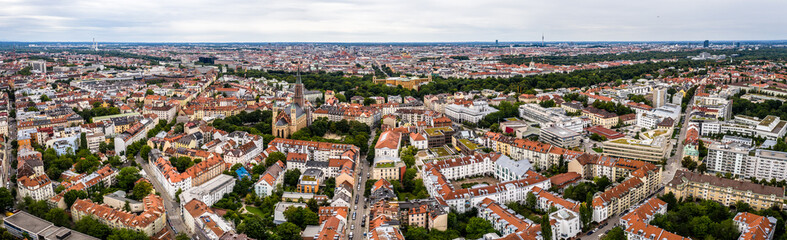 Fototapeta na wymiar Munich Aerial Panorama. Residential area, church, streets