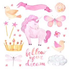 Watercolor pink unicorn illustration set