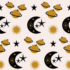 Golden planets and celestial elements in a seamless pattern design
