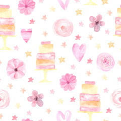 Seamless pattern with pink roses and cakes