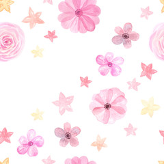 Seamless pattern with pink roses and anemones