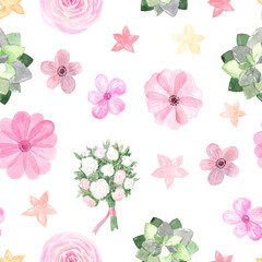 Seamless pattern with pink roses and anemones