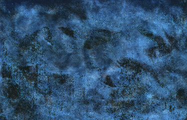 Watercolor abstract background. Scuffed, rough black spots, streaks and scratches on the blue. Grunge texture